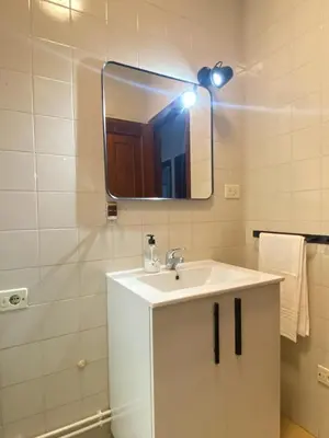 a bathroom with a white sink and a mirror at Apartmento O Río in Burela de Cabo