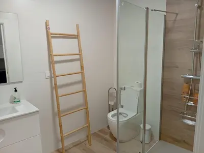 a bathroom with a toilet and a glass shower at Roi Roots in Santiago de Compostela