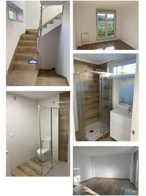 a collage of photos of a bathroom with a shower and stairs at Roi Roots in Santiago de Compostela