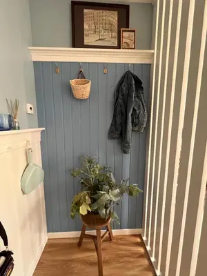 a hallway with a blue wall with a plant in a chair at Casa Paz Lugo in Lugo