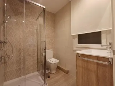 a bathroom with a shower and a toilet and a sink at SF - Luminoso, amplio y recién reformado en el casco histórico in Ourense