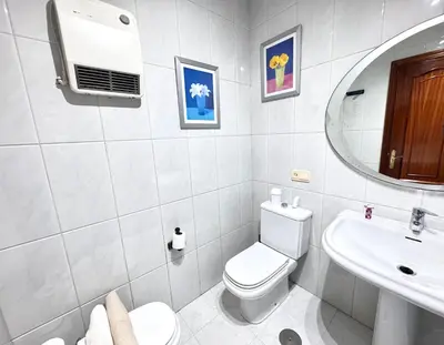 a bathroom with a toilet and a sink and a mirror at Apartamento Parquemar Viveiro in Viveiro