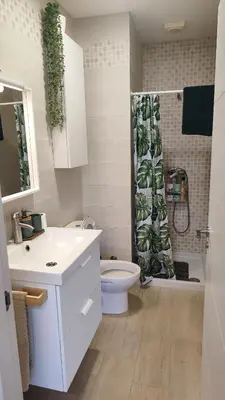a bathroom with a toilet and a shower curtain at Casa de Invitados con asador y piscina de uso privado in Foz