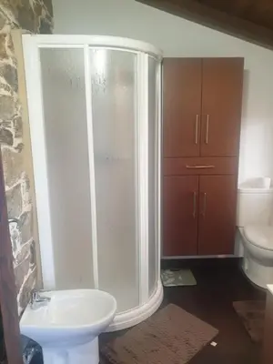 a bathroom with a shower and a sink and a toilet at Casa Vacacional Familia Ferro in Cartelle