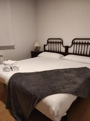 a bedroom with two beds with a black blanket on them at Figueras 4 in figueras