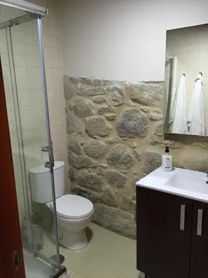 a bathroom with a toilet and a stone wall at Casa Arteleira in Padrón