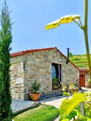 a stone house with a window in a garden at Casiña Raíz Entre viñas y cielo Ribeira Sacra in Chantada