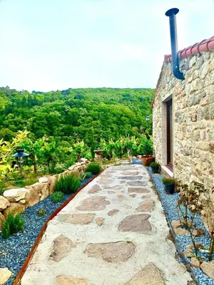 a stone path next to a stone building with a view at Casiña Raíz Entre viñas y cielo Ribeira Sacra in Chantada