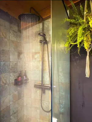 a shower in a bathroom with a glass door at Casiña Raíz Entre viñas y cielo Ribeira Sacra in Chantada