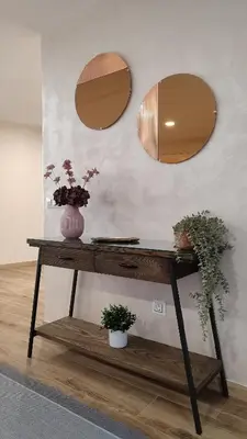 a table with two mirrors and two potted plants on it at Vivienda de Uso Turístico Los Castaños in San Román de Sanabria