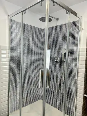 a shower with a glass door in a bathroom at Fuentes del Narcea apartamentos rurales in Cangas del Narcea