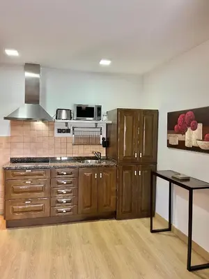 a kitchen with wooden cabinets and a microwave at Fuentes del Narcea apartamentos rurales in Cangas del Narcea