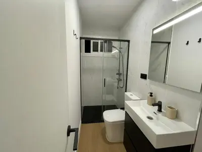 a bathroom with a toilet and a sink and a shower at Cozy and centrally located apartment in Santiago de Compostela