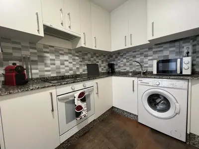 a kitchen with a washing machine and a microwave at YourHouse Oasis Urbano in Ourense