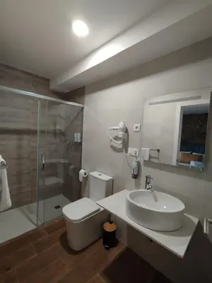 a bathroom with a toilet and a sink and a shower at Pension Silvent in Ribadeo