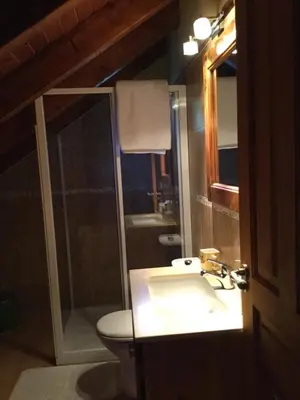 a bathroom with a toilet and a sink and a shower at El Mirador de los Trobos in Villar de Otero