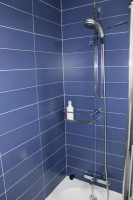 a blue tiled bathroom with a shower and a toilet at Alojamiento Doble R in Villalba