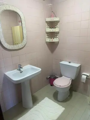 a bathroom with a sink and a toilet and a mirror at Apto Mirandés in Burela de Cabo