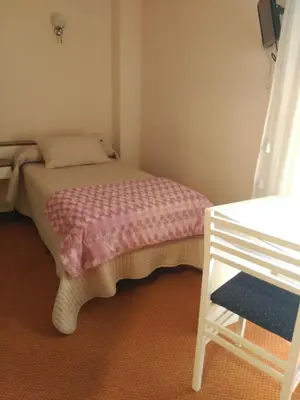 a small bedroom with a bed and a chair at Hotel Puente de los Santos in Tapia de Casariego