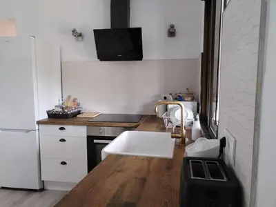 a kitchen with a sink and a white refrigerator at Casa Quinzan Ribeira Sacra in Taboada