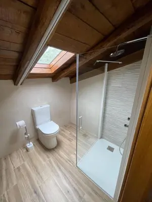 a bathroom with a toilet and a glass shower at Apartamentos Rurales Casa Carloto