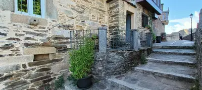 a stone building with stairs and a gate and a plant at VUT 85 Teclas in Puebla de Sanabria
