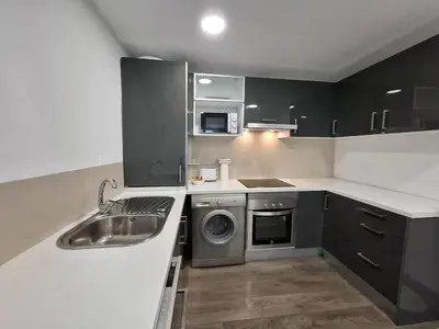 a kitchen with a sink and a washing machine at Disfruta de las vistas al Parque de San Lazaro in Ourense
