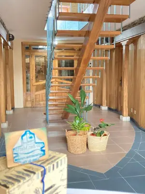 a room with two potted plants on a floor at Ahío San Martín, Apartamentos Rurales Casa de la Villa in San Martín de Oscos
