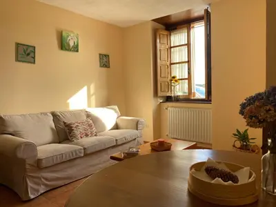 a living room with a couch and a table at Ahío San Martín, Apartamentos Rurales Casa de la Villa in San Martín de Oscos
