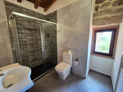 a bathroom with a toilet and a sink and a shower at Buleiro in Ourense