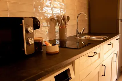 a kitchen counter with a sink and a microwave at Apartamentos turísticos en la naturaleza in Barreiros