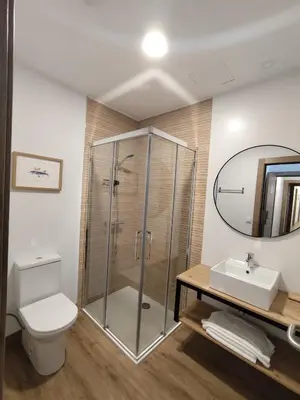 a bathroom with a shower and a toilet and a mirror at Hotel Casa dos Gardas in Samos