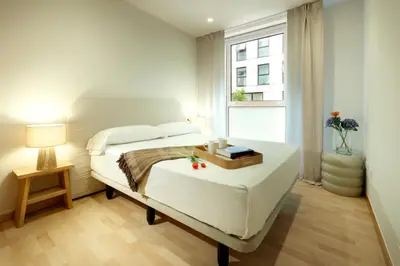 a white bedroom with a bed and a window at Vita Homes by Upper Luxury Housing in Santiago de Compostela