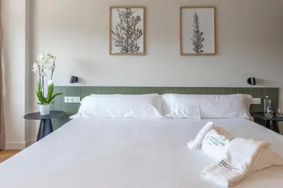 a bedroom with a white bed with two pictures on the wall at SNÖ Porta das Fragas in A Capela