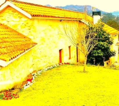 a stone house with flowers in front of it at La Casa del Bosque del Agua y SPA Prexigueiro Obsequio entrada por persona a circuito termal in Mondariz