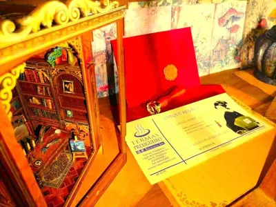 a desk with a yellow paper next to a box at La Casa del Bosque del Agua y SPA Prexigueiro Obsequio entrada por persona a circuito termal in Mondariz