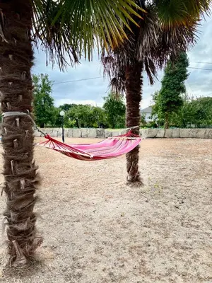 a hammock hanging between two palm trees on the beach at Aloe Cela in Outeiro de Rei