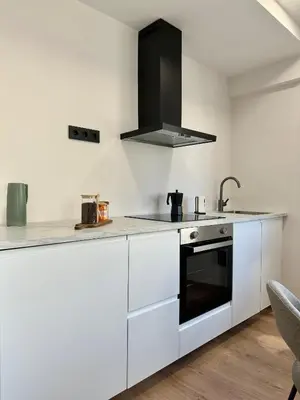 a white kitchen with a sink and a stove at Lemos Mel in Monforte de Lemos