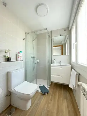 a bathroom with a toilet and a glass shower at Fin del Camino in Santiago de Compostela
