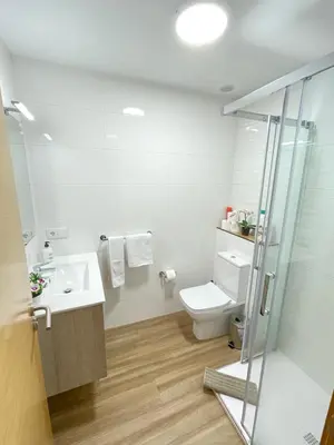 a white bathroom with a toilet and a sink at Fin del Camino in Santiago de Compostela