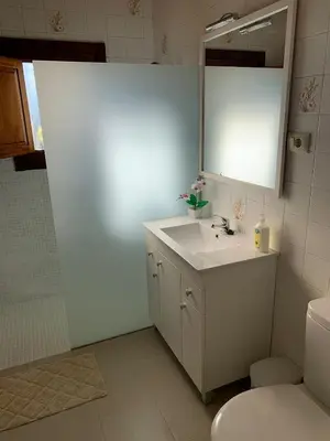 a bathroom with a sink and a mirror and a toilet at Casa do Carpinteiro in Crecíente