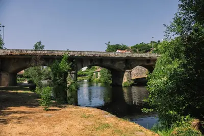 an old stone bridge over a river in a park at Cabañas de Allariz - Cabaña 5 in Allariz