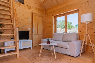 a living room with a couch and a tv in a cabin at Cabañas de Allariz - Cabaña 5 in Allariz