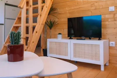 a living room with two tables and a tv at Cabañas de Allariz - Cabaña 2 in Allariz