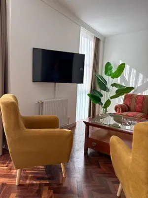 a living room with two chairs and a table and a tv at Cardenal Centro in Monforte de Lemos
