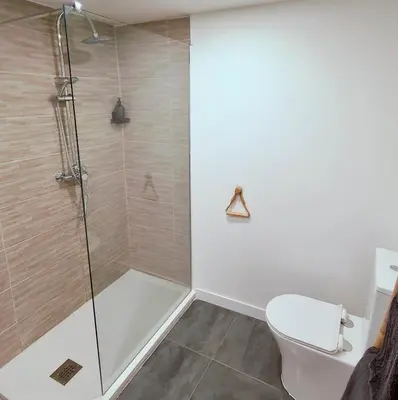 a bathroom with a shower and a toilet at Casa de Pedra in Melide