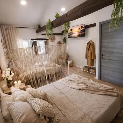 a bedroom with a bed with a netted head board at Casa de Pedra in Melide