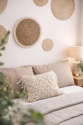 a living room with a couch and baskets on the wall at Casa de Pedra in Melide