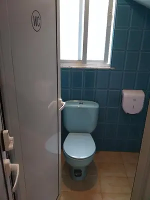 a blue bathroom with a toilet and a window at Casa Do Marabillas in Portomarin
