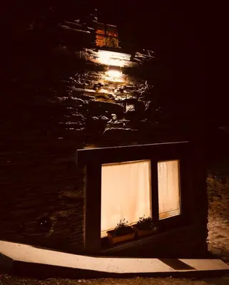 a window with two potted plants on it at night at Casa Da Fragua in Samos